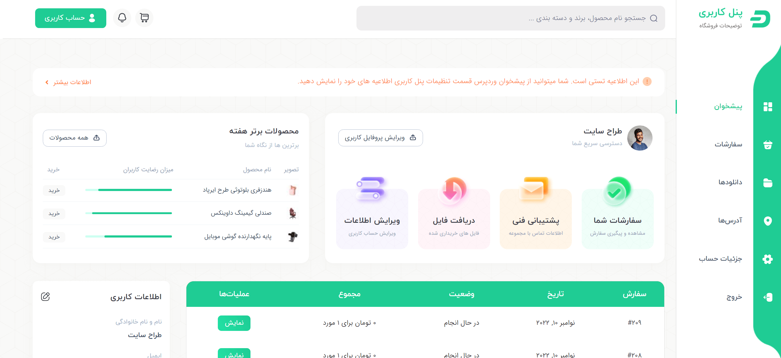 پنل کاربری حرفه ای پیش ساخته وردپرس